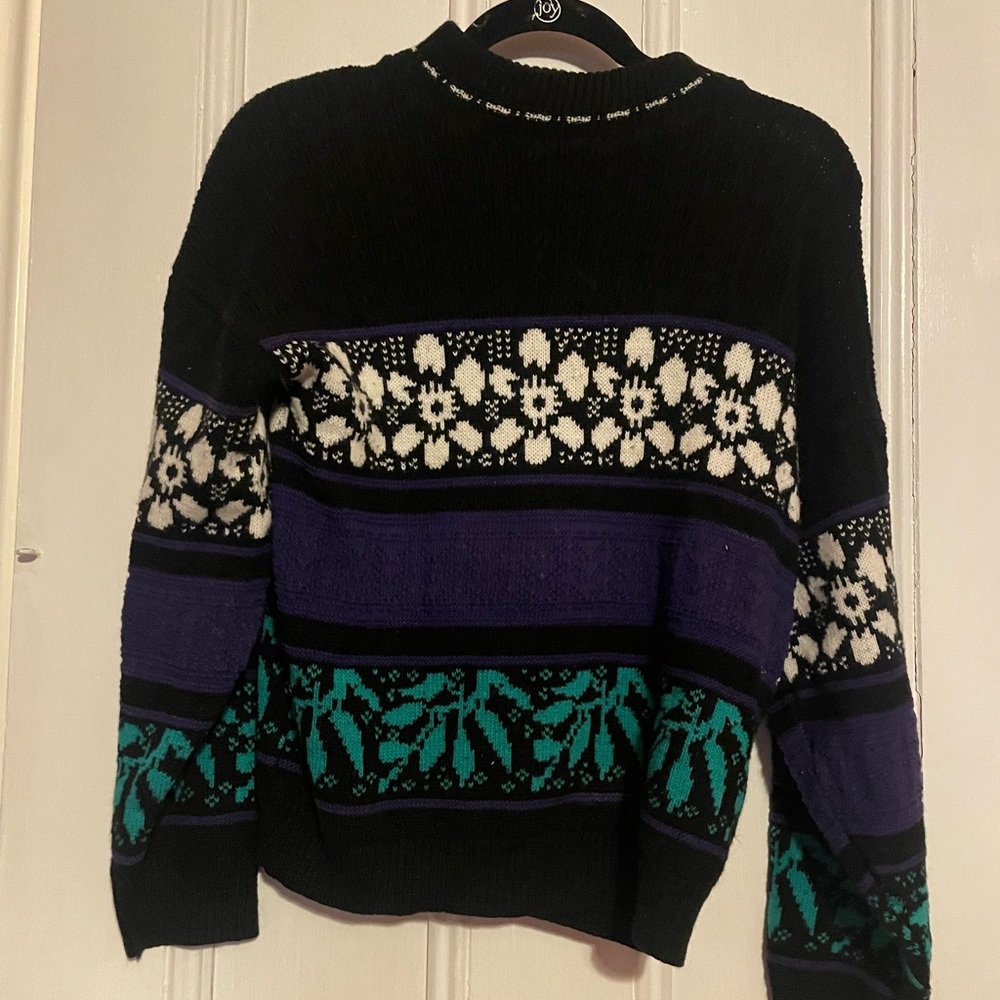 Vintage Black, Green, and Purple Patterned Women's Sweater
